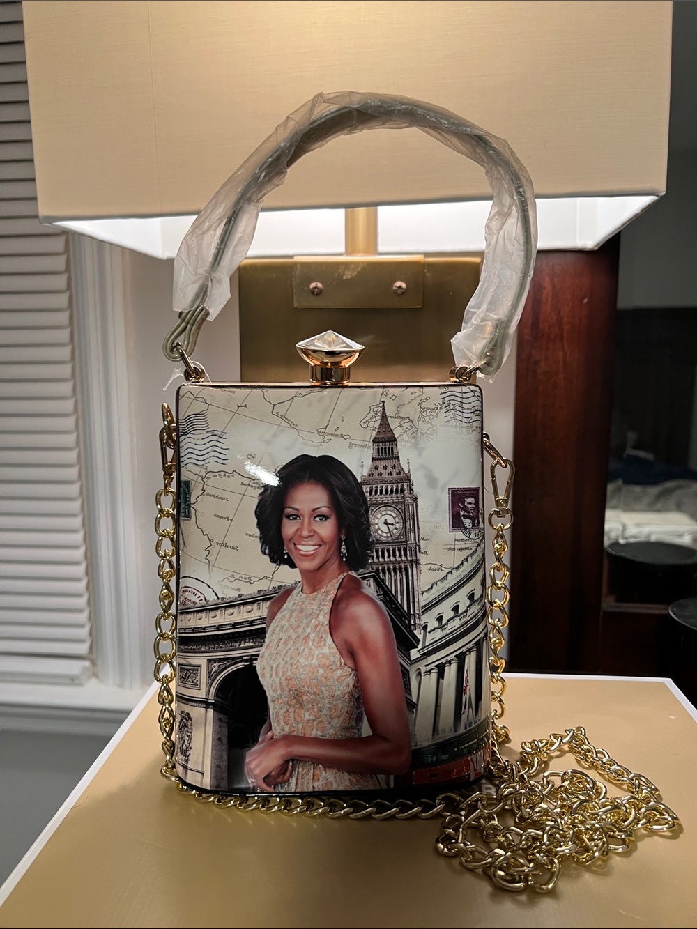 Michelle Obama Gold Chain-Handle Printed Box Bag in Cream and Gold